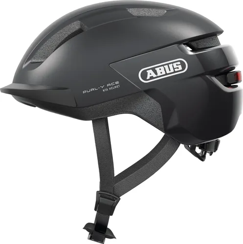 ABUS PURL-Y ACE Fahrradhelm – Dunkelgrau mit LED-Licht für E-Bikes - Fahrradhelm PURL-Y ACE mit aufladbarem LED-Licht, ideal für E-Bikes und S-Pedelecs. Bietet extra Nackenschutz und individuellen Sitz durch Verstellrad, perfekt für Stadtfahrten.