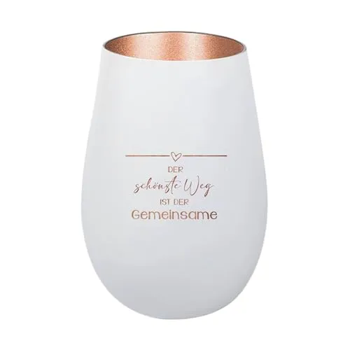Der-Porzellan-Laden Windlicht mit Gravur Der schönste Weg ist der Gemeinsame, Weiß Bronze, Teelichthalter aus Glas mit Spruch, Tischdeko modern