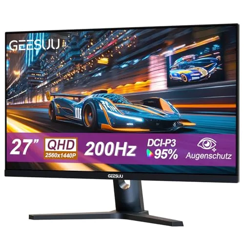 GEESUU Gaming Monitor 27 Zoll, QHD 1440p Gaming PC Monitors, 200Hz IPS Bildschirm, 1ms, 1200:1, HDR400, 95% DCI-P3, Eye Care Screen, HDMI 2.1 & DP 1.4