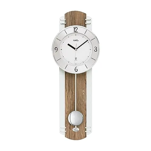 AMS 5292 Wanduhr Design - Elegante Wanduhr aus Holz mit Nussbaumdekor und silberfarbenem Pendel, ideal für stilvolle Wohnräume. Funkpendelwerk für präzise Zeitmessung.