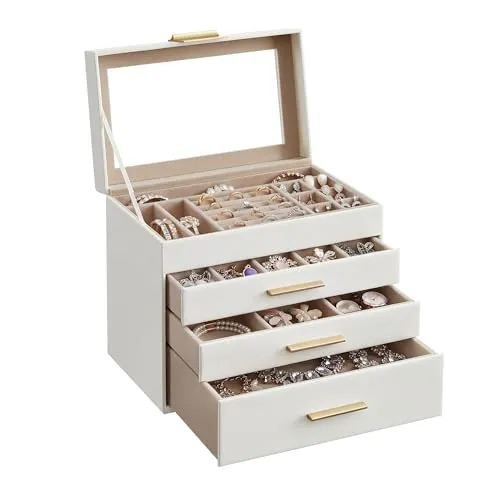 SONGMICS GISELLA Schmuckkästchen mit Glasdeckel - Elegante Schmuckaufbewahrung in Wolkenweiß-Golden - Erleben Sie stilvolle Schmuckaufbewahrung mit der GISELLA Kollektion. Dieses Schmuckkästchen bietet 4 Ebenen und viel Stauraum für Ihre Lieblingsstücke, ideal für jeden Schminktisch.