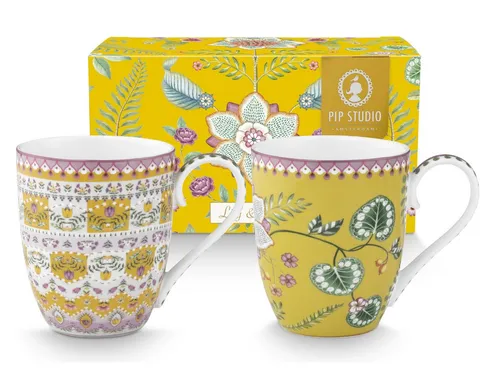 PiP Studio Becher Lily&Lotus Yellow Henkelbecher XL 0,45l Set2 - Elegante gelbe Porzellanbecher mit dem charmanten Lily&Lotus-Motiv. Ideal für den täglichen Gebrauch im Haushalt und perfekt für gemütliche Kaffeepausen.