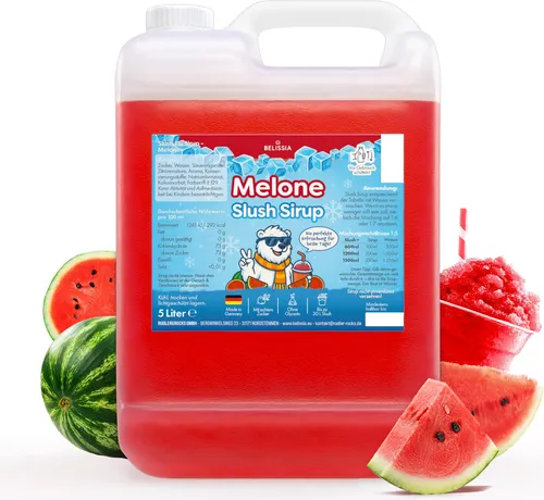 Belissia Slush Eis Sirup 5L Wassermelone | Hochkonzentriert & Glycerinfrei - Erlebe den Sommer mit dem BELISSIA Slusheis Sirup! Extrem ergiebig (1:5) für bis zu 6 Liter erfrischenden Genuss. Ideal für Partys und entspannte Abende, farbstark und vielseitig einsetzbar.