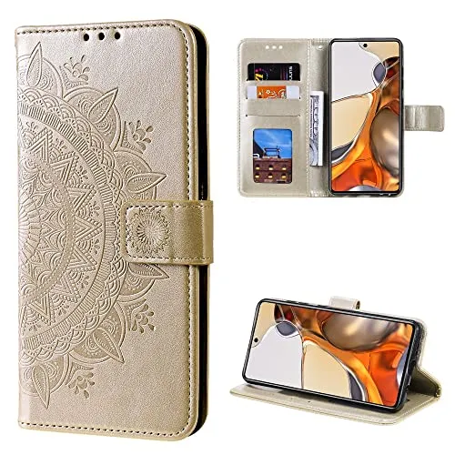 CoverKingz Handy Case kompatibel mit Xiaomi 11T / 11T Pro - Handy Cover mit Kartenfach Phonecase - Smartphone Hülle klappbar Motiv Mandala Gold