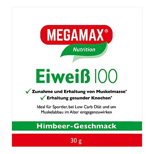 Megamax Eiweiss Himbeere 30 g | Molkenprotein + Milcheiweiß (Casein) Für Muskelaufbau ideal zum Backen | hochdosiert Low Carb Eiweiß | aspartamfrei Eiweisspulver mit Aminosäure