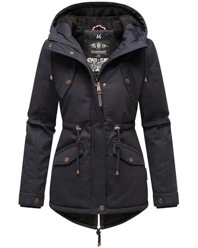 MARIKOO Damen Winterjacke Manolya Blue mit kuscheliger Kapuze - Funktionsjacke für den Winter, gefüttert mit weichem Teddyfell für hohen Tragekomfort und modische Details - ideal für kalte Tage.