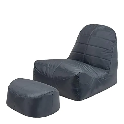 Veeva Vista Sitzsack mit Hocker, Dunkelgrau, Outdoor Sitzsack mit Füllung, Bean Bag, Wasserabweisender Stoff, Fußhocker für Wohnzimmer, Garten, Terrasse