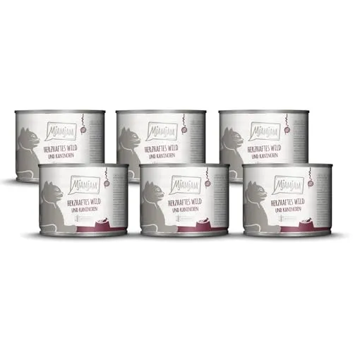 MjAMjAM - Premium Nassfutter für Katzen - herzhaftes Wild & Kaninchen an fruchtigen Heidelbeeren, 6er Pack (6 x 200 g), getreidefrei mit extra viel Fleisch