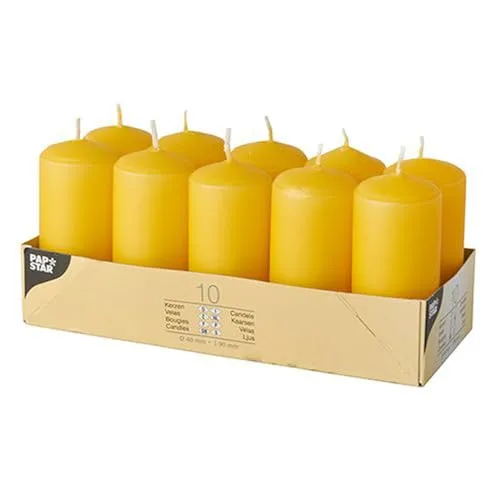 Stumpenkerzen Ø 40 mm · 90 mm goldgelb - Kerzen in Gastro-Packung, Durchmesser 40 mm, Höhe 90 mm, mit einer Brenndauer von ca. 9 Stunden - ideal für festliche Anlässe und stimmungsvolle Beleuchtung.