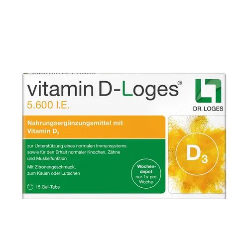 vitamin D-Loges 5.600 I.E. Wochendepot - Gel-Tabs - Nahrungsergänzungsmittel mit 5.600 I.E. Vitamin D3 in leckeren Gel-Tabs. Ideal für die wöchentliche Versorgung, einfach zu kauen oder zu lutschen. Perfekt für die Unterstützung Ihrer täglichen Ernährung.