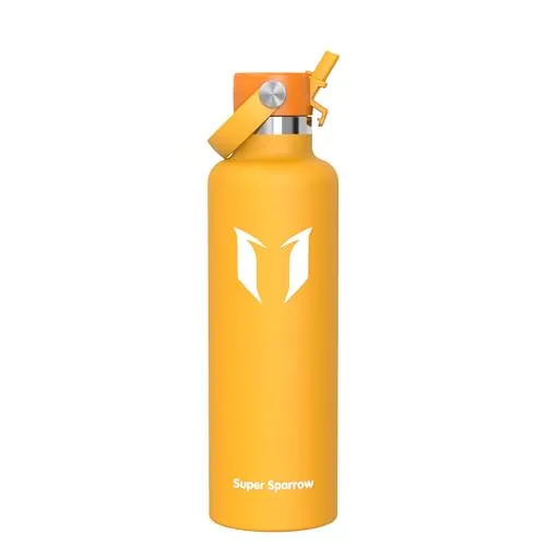 Super Sparrow Edelstahl Trinkflasche Kinder - 18/10 Ultraleicht Thermobecher - 1L - Standardmund Stroh-Deckel - BPA-Frei Thermoskanne, Thermosflasche für Sport, Travel, Schule, Outdoor, Büro