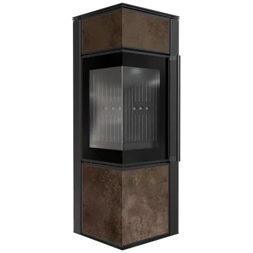 KRATKI TORA Kaminofen 8 kW mit Quarzsinterverkleidung - Schwarz - Moderner Kaminofen mit praktischer Ecktür und doppelter Verglasung für einen einzigartigen Blick auf das Feuer. Hohe Effizienz durch TERMOTEC-Brennkammer und Clean-Glass-System für saubere Sicht.