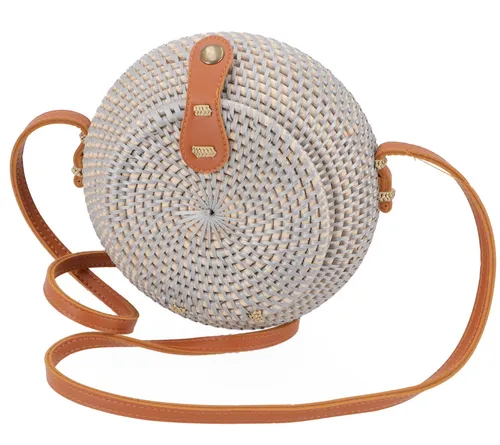 GURU SHOP Geflochtene Handtasche - Modell 4, Grau - Damen-Henkeltaschen, handgefertigte Korbtasche aus Bali, mit Innenfutter aus Sarongstoff für sicheren Halt und stilvollem Design.