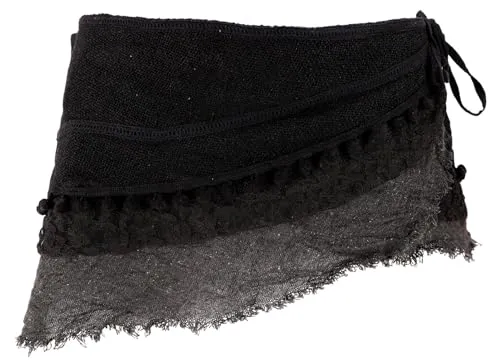 GURU SHOP Goa Cacheur Minirock mit Spitze - Schwarz, Damen, Baumwolle, Size:S - Wickelrock mit individueller Passform, handgefertigt mit Stickerei und Fransen. Ideal für Frühling-Sommer oder das ganze Jahr mit Leggings. Praktische Tasche für Essentials.