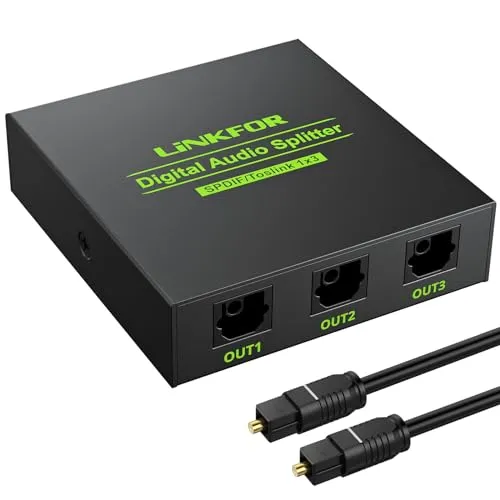LiNKFOR 1x3 Optischer Toslink Splitter - Verteiler für digitale Audiosignale, unterstützt LPCM 2.0, DTS & Dolby-AC3. Robustes Aluminiumgehäuse für hohe Signalqualität und lange Übertragungsstrecken bis 25m. Inklusive 3ft optisches Kabel.