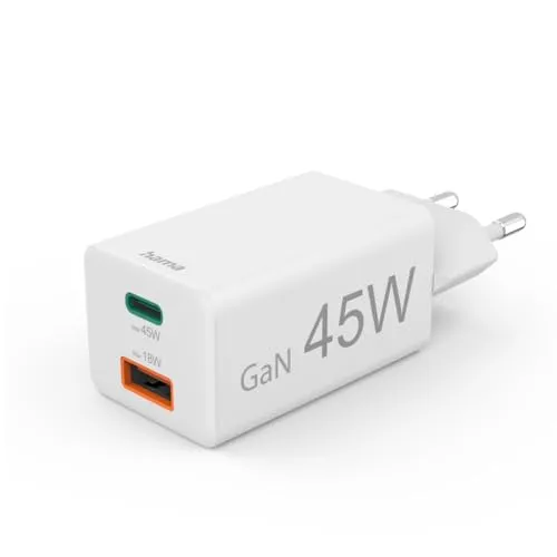 Hama Schnellladegerät USB (Ladegerät mehrfach, USB C, USB A, Handy Tablet Laptop Universal Ladegerät, Netzstecker USB Schnellladen, USB C Netzteil, Power Delivery/Quick Charge 3.0, GaN Charger, 45 W)