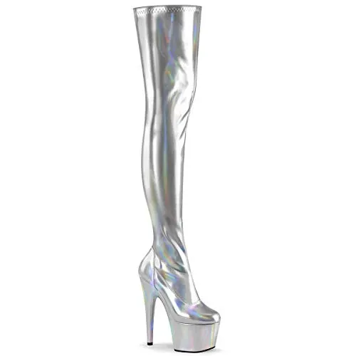 Pleaser Damen ADORE-3000HWR Plateau High Heels Overknee Stiefel Stretch Lack Silber 38 EU
