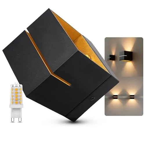 SSC-LUXon KOURA LED Wandleuchte schwarz gold Up Down - Stilvolle Wandleuchte in Schwarz und Gold, mit warmweißem G9 LED-Leuchtmittel für gemütliches Licht. Ideal für geschlossene Räume und energieeffizient mit nur 2 kWh Verbrauch.