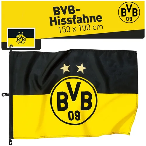 Borussia Dortmund BVB-Hissfahne (150x100cm) - Sportfan Fahnen für draußen, aus 100% Polyester, ideal für den Stadionbesuch oder die private Fan-Dekoration, einfach zu befestigen dank Karabinerhaken.