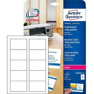 AVERY Zweckform Visitenkarten C32016-25 - Satinierte weiße 220 g/m², 250 Stück für einen professionellen Eindruck mit QuickClean-Technologie und kostenloser Gestaltungssoftware