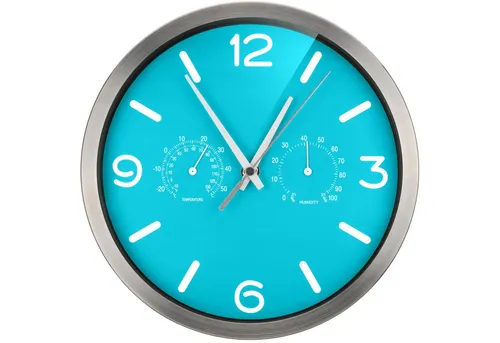 OPTUS MyTime ND DCF Wanduhr 25cm - Stylische Analog-Wanduhr in sky blue mit Temperatur- und Luftfeuchtigkeitsanzeige, ideal für Wohnräume und Büros.