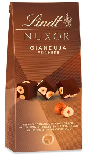 Lindt Schokolade NUXOR Feinherb | 103 g Beutel - Schokoladen-Geschenkideen mit 36 % Haselnussanteil, ideal zum Teilen oder Genießen. Feinherbe Gianduja-Schokolade aus nachhaltigem Anbau, perfekt für Schokoladenliebhaber.