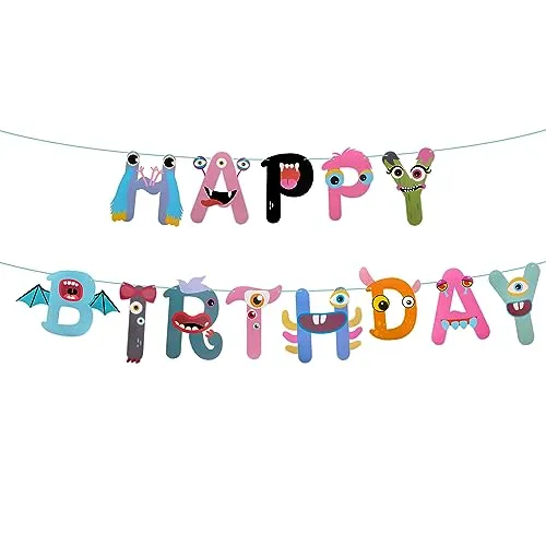 Oblique Unique® Happy Birthday Monster Girlande Banner zum Dekorieren Spielen Basteln Hängedeko für Kinder Geburtstag Motto Party Deko