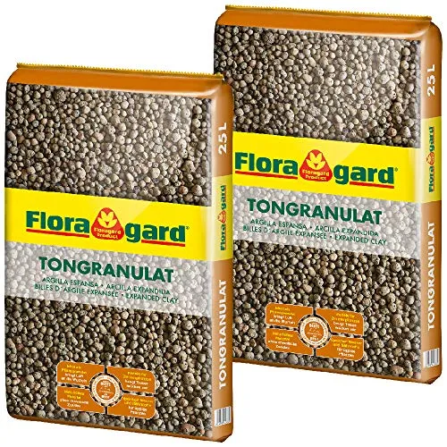 Floragard Blähton Tongranulat zur Drainage 2x25 L - Blumenerde und Hydrokultursubstrat für optimale Feuchtigkeitsspeicherung und Luftzirkulation, ideal für gesunde Pflanzen und Schutz vor Schädlingen.