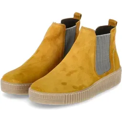Gabor 53.731 Damen Stiefeletten - Bequeme Chelsea Boots in Gelb - Stiefeletten aus weichem Veloursleder mit Elastikeinsätzen für optimalen Komfort. Rutschhemmende Gummisohle und modische Ziernähte machen diese Boots zu einem Highlight für jeden Freizeitlook.