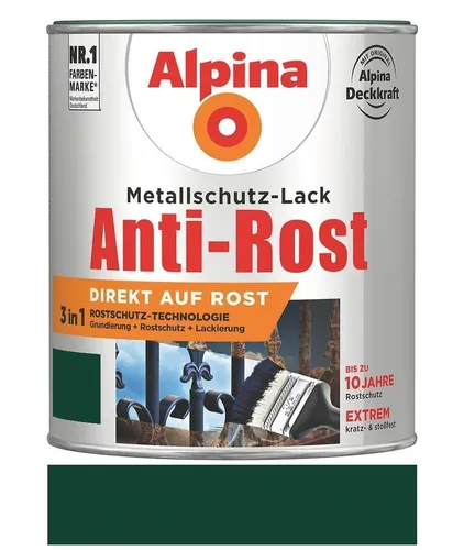 Alpina Metallschutzlack glänzend – Dunkelgrün - Metallfarben mit 3-in-1-Rostschutz-Technologie für langanhaltenden Korrosionsschutz und UV-Beständigkeit, ideal für Gartenmöbel und Zäune.