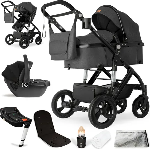 Bergsteiger Kombi-Kinderwagen Nizza 3 in 1 - Kombikinderwagen mit hochwertiger Babyschale und Isofix-Station, ausgestattet mit pannensicheren Reifen für höchsten Fahrkomfort und Sicherheit.
