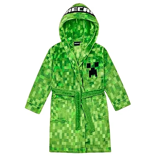 Minecraft Kinderbademantel mit Kapuze - Grüner Fleece Bademantel für Jungen in Größe 152, ideal für gemütliche Morgen und entspannte Abende nach dem Baden.