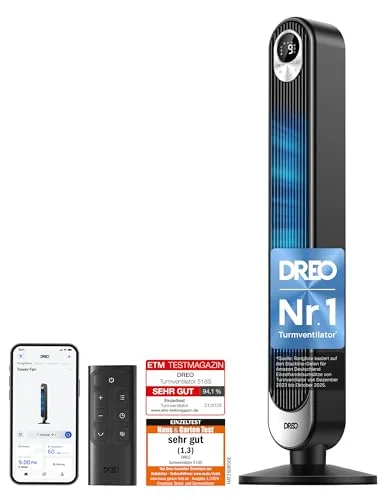 Dreo Smart 20dB Turmventilator - Leiser Ventilator mit 9m Windentfernung, Fernbedienung und Sprachsteuerung für optimalen Komfort – ideal für Schlafzimmer und Büro.