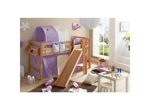 TiCAA Hochbett "Tino" mit Rutsche und Farbauswahl - Hochbett aus Buche Natur, teilbar und ideal für Kinder. Sicherheit und Stabilität stehen im Vordergrund, während die Rutsche für zusätzlichen Spielspaß sorgt.