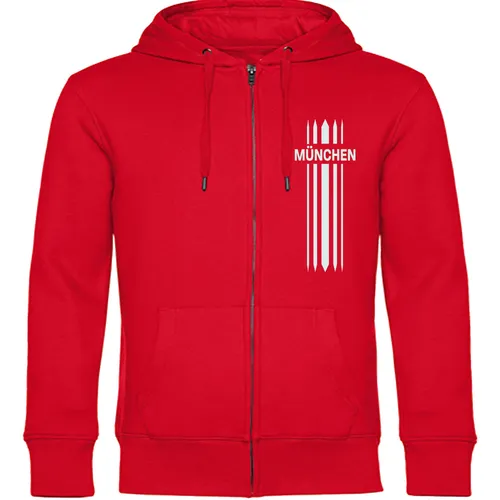 Kapuzensweatjacke München rot - Streifen - Sweat - Hochwertige Kapuzensweatjacke in rot mit Streifen für echte Fans. Kuschelige Oberfläche und langlebige Druckqualität machen sie zum idealen Begleiter für jeden Anlass.
