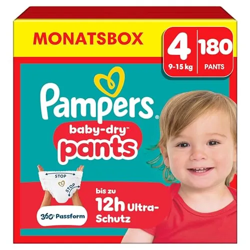 Pampers Baby Dry Pants Gr. 4 Maxi 9-15kg - 180 Stück Monatsbox - WINDELN: Pampers Baby-Dry Pants Größe 4, perfekt für aktive Babys, mit revolutionärem Stop & Schutz System für maximalen Komfort und zuverlässigen Schutz.