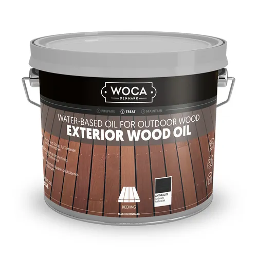 WOCA 617963A Exterior Öl, anthrazit 2,5 L - Hochwertiges Öl für die Grundbehandlung von Holzoberflächen, bietet exzellenten UV-Schutz und ist schimmel- sowie pilzhemmend. Ideal für Terrassen und Gartenmöbel.