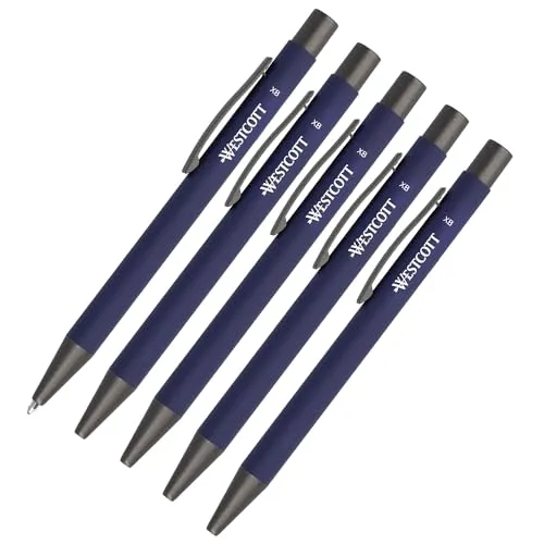 Westcott PRIMESOFT-XB Kugelschreiber 5 Stück | 5er Set Blaue Premium Kugelschreiber aus Aluminium | Dokumentenecht mit blauer Tinte | Strichstärke XB 1,4 mm | E-745005 00