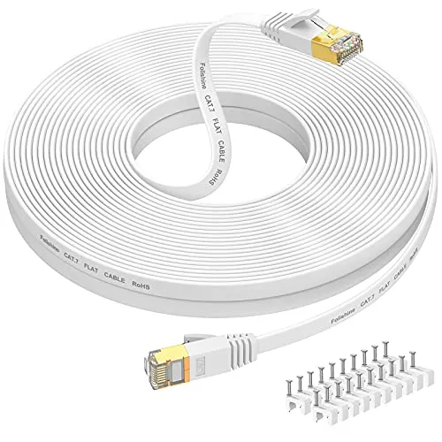 Folishine Ethernet Kabel 30m, Cat7 Internet Kabel High Speed mit vergoldetem RJ45 Stecker, geschirmtes LAN Kabel für Netzwerk-Switch, schneller als Cat5/Cat5e/Cat6-Weiß