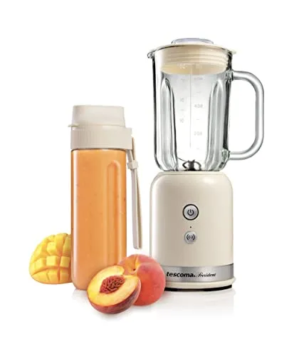 Tescoma Smoothie-Mixer PRESIDENT 0,6 l - cremefarbig - Standmixer mit PULSE-Funktion für perfekte Smoothies, robust und leise dank Glasbecher. Inklusive praktischer Reiseflasche mit Tragegurt für unterwegs.