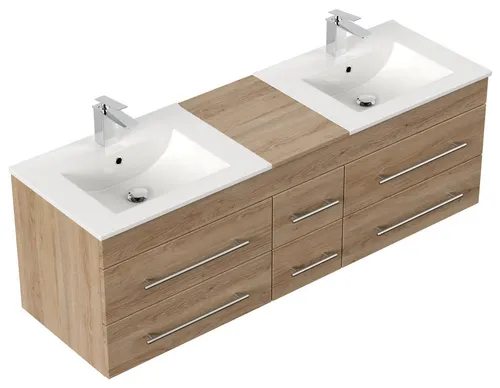 Magnolia Home Doppelwaschtisch Roma XL mit SoftClose und mattes Becken - Hochwertiger Doppelwaschtisch für Ihr Bad: Edles Eiche-hell Dekor, großzügiger Stauraum mit sechs SoftClose-Schubladen und zwei weißen Keramikwaschbecken. Ideal für stilvolle Körperpflege.
