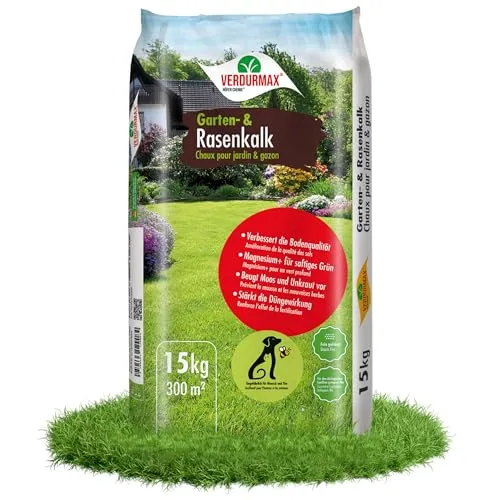 Verdurmax 15 kg Garten- und Rasenkalk - Moos & Unkraut entfernen - pH-Wert Optimierung - Kalkdünger mit Magnesium für sattes Grün - Verbessert Nährstoffaufnahme von Gras und Pflanzen