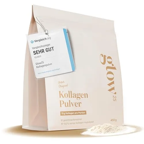 Glow25 Collagen Pulver 450g - Das Original Pulver, 100% reines Kollagen-Hydrolysat für gesunde Haut und Gelenke