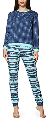 Cornette Schlafanzug Damen Schlafanzug Zweiteiler Pyjama Langarm mit Rundhals Baumwolle 634 blau L