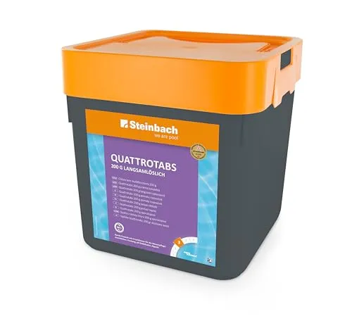 Steinbach Poolpflege Quattrotabs 200 g – 4-in-1 Chlortabletten für sauberes Poolwasser - Chlor-Kategorie: 200 g langsamlösliche Multifunktionstabletten mit Flockungsmittel, ideal zur Dauerdosierung für Desinfektion und Algenverhütung.