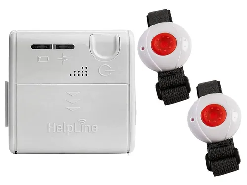 Helpline Mini für Zwei: Kleiner mobiler Hausnotruf mit 2x wasserdichtem Notrufarmband und Gürtel Clip für die häusliche Pflege; Notrufsystem mit 2x Funk Notruf Armband; Notrufknopf für Senioren