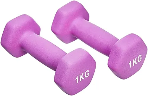 Amazon Basics Neopren Hanteln, 2er-Set, 1 kg, Violett - Praktisches 2er-Set Kurzhanteln für effektives Krafttraining. Die griffige Neoprenstruktur sorgt für sicheren Halt. Sechseckige Form verhindert Wegrollen, ideal für Fitnesskurse und das Training zu Hause.