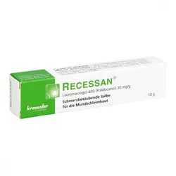 Recessan 10 G - Schmerzbetäubende Salbe - Arzneimittel zur symptomatischen Behandlung schmerzhafter Entzündungen im Mundbereich. Mit dem Wirkstoff Lauromacrogol 400 für schnelle Linderung von Beschwerden.