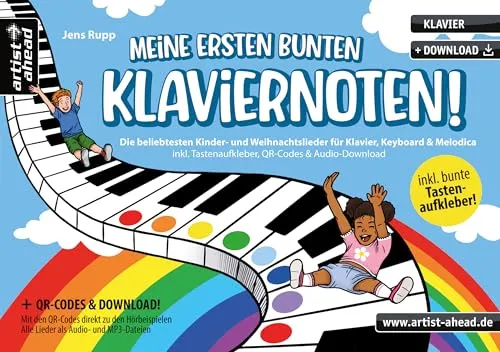 Meine ersten bunten Klaviernoten! - Gesangsnoten mit beliebten Kinder- und Weihnachtsliedern, inklusive Tastenaufkleber und Audio-Download für einen einfachen Einstieg.