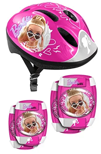 STAMP Girls Helmet + Elbow & Knee Pads Barbie, PINK, S - Fahrradhelme Set mit Helm und Schutzausrüstung für Mädchen. Ideal für Radfahren, Rollerbladen und Skaten. Verstellbare Kopfgröße für optimalen Komfort und Sicherheit.